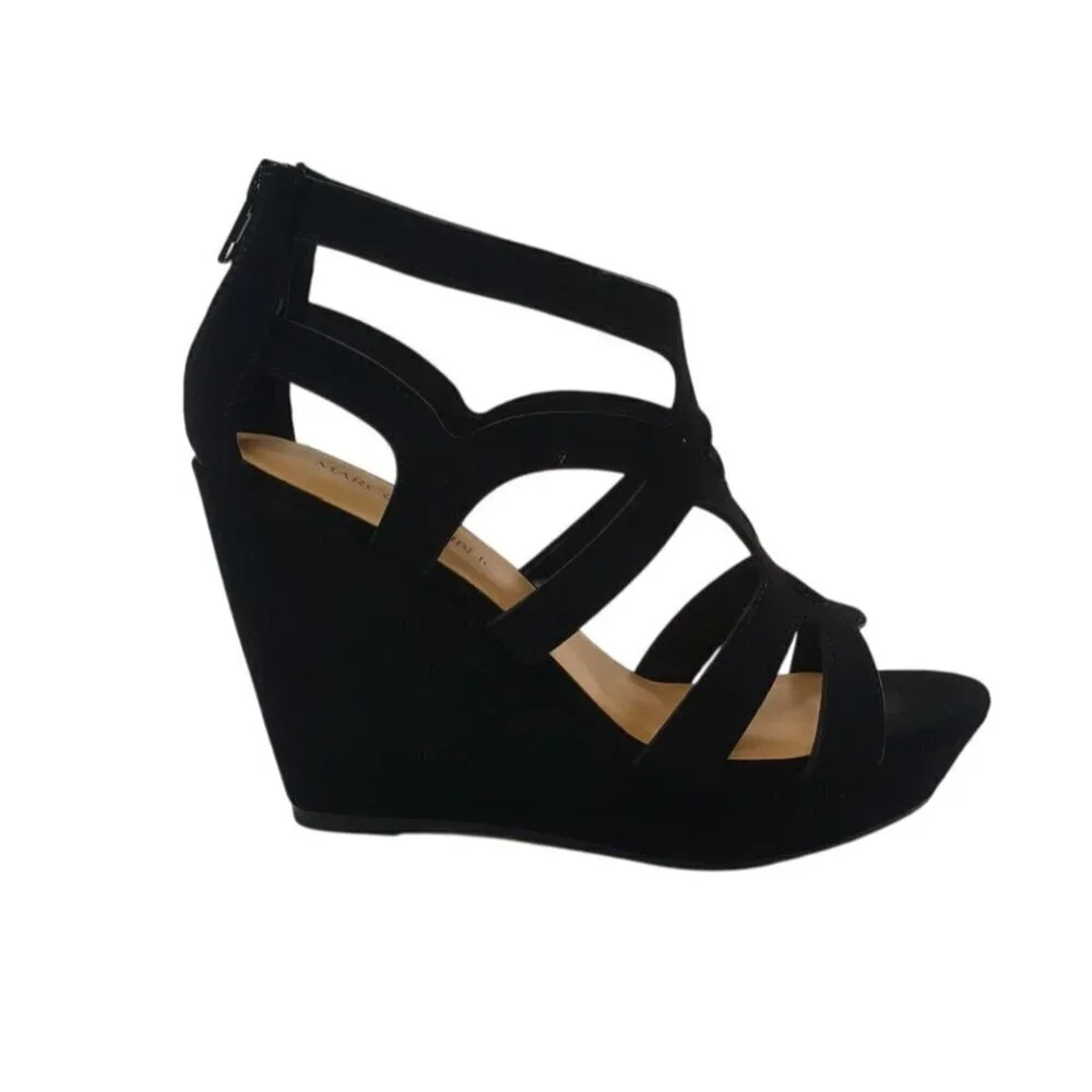 Black Strappy Open-Toe Wedge Sandals With Back Zipper Closure For Women Size 6.5